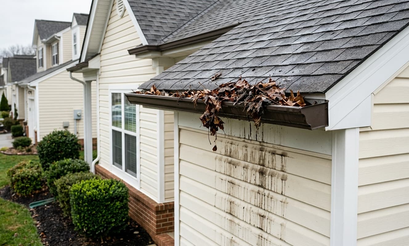 Clogged residential gutter overflowing with leaves, water staining the siding below
