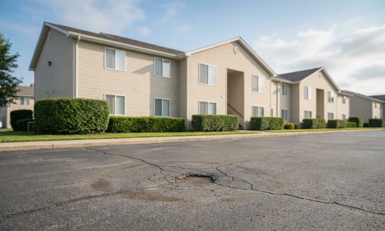 Cracked asphalt parking lot at a residential property with widening fissures and a small pothole forming