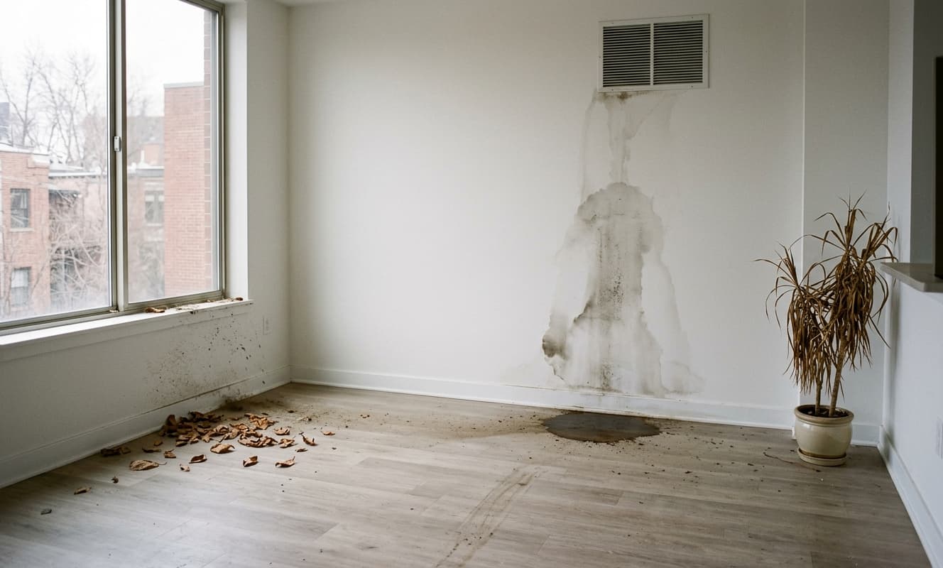 Mold growth on the wall and ceiling of a neglected vacant apartment